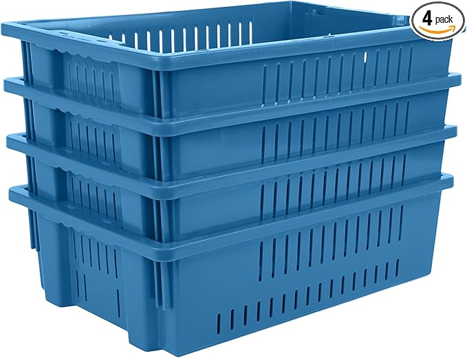 Hudson Exchange 20 x 13 x 5.6" (4 Pack, 4.5 Gallon) Agricultural Nest and Stack Vented Crate Handled Storage Container Tote, Blue
