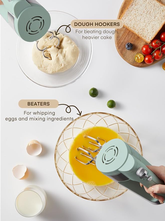Hand Mixer Electric Handheld, 6 Speed & Turbo Electric Mixer, 300W Handheld Mixer with 2 Stainless Steel Whisk and 2 Dough Hook for Whipping, Mixing Cookies, Brownie, Cakes, Dough Batters, Green