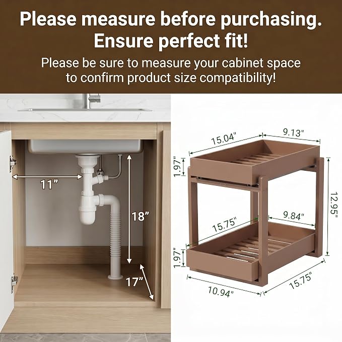Bamboo Under Sink Storage 2 Tier Pull Out Cabinet Organizer Slide Out Under Sink Storage Shelf Undersink Organizers Shelves for Kitchen Bathroom Organization (Brown, 1 Pack)