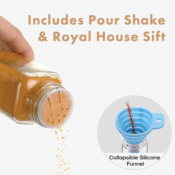 RoyalHouse 24 Pcs Glass Spice Jars/Bottles - 4oz Empty Square Spice Containers with Spice Labels and Airtight Metal Caps with Shaker Lids
