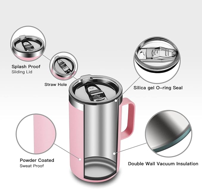 KXIAOCHEN 2-Pack 20 oz Insulated Coffee Mugs, Coffee Cups with Wide Handles | 18/8 stainless steel, sliding lids, 6+ hours hot or 12+ hours cold, wide mouth, no-sweat, for office, home, camping and gifts
