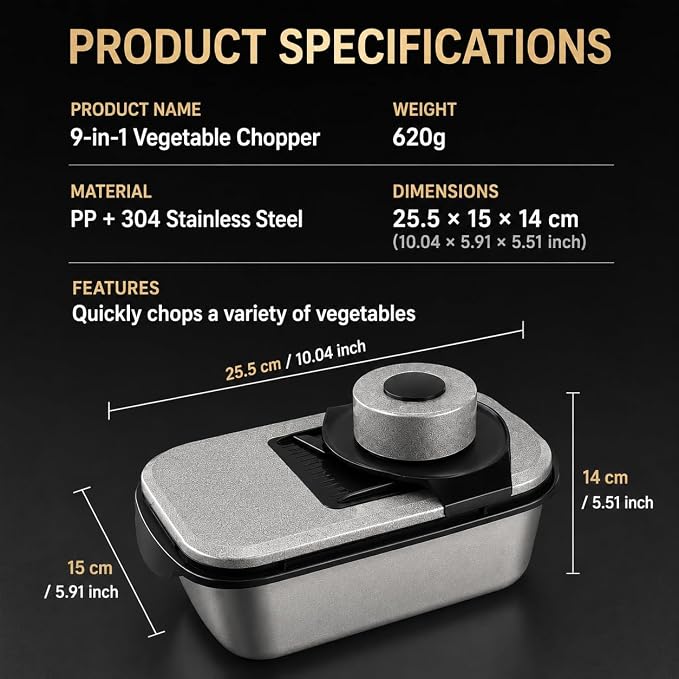 Vegetable Chopper, Stainless Steel Food Dicer and Mandoline Slicer with Drain Holes and Storage Container, Dishwasher Safe Food Chopper for Onion, Potato, Cucumber, Carrot and More