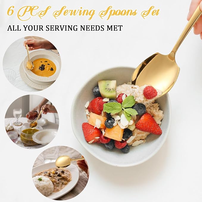 6 Pcs Serving Spoons Set, 9.2 Inch Gold Slotted Spoons | Long Handle,Dishwasher Safe Stainless Steel Metal Spoons Buffet Banquet Large Utensils Cutlery Set for Parties and Kitchen