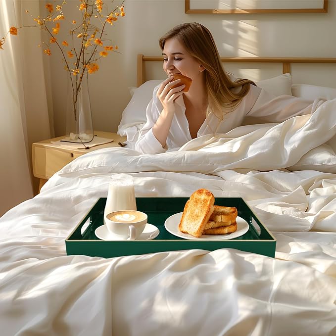 Dark Green Decorative Tray for Ottoman, Serving Tray with Handles | Plastic Coffee Table Tray, Modern Melamine Tray, Rectangle Countertop Organizer Tray for Living Room, 15.8"L x 10.2"W x 1.4"H