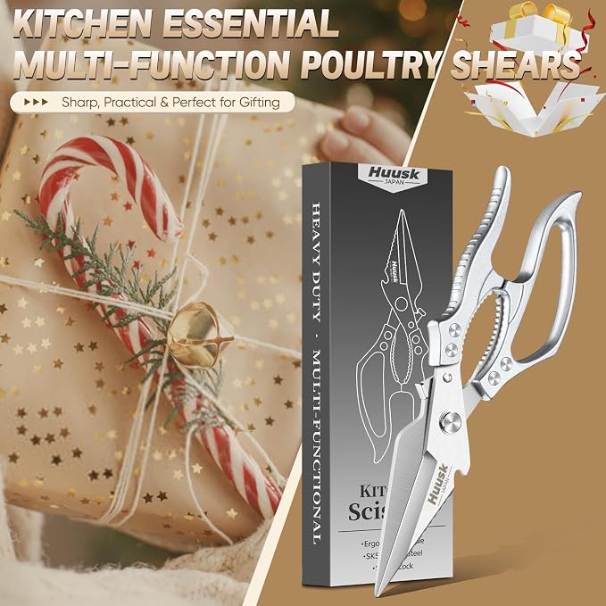 Huusk Kitchen Scissors for Food - Multifunction Poultry Shears Heavy Duty | Japanese SK5 Steel Kitchen Shears for Meat, Fish, Chicken Bones, Turkey, Ergonomic Non-Slip Silver Handle, Gifts for Women