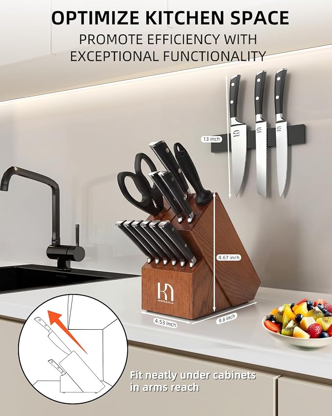 KnifeSaga Knife Set, 15 Pcs Kitchen Knife Block Set, Enduring Razor-Sharp High Carbon Stainless Steel Chef Knife Set with Block and Sharpener, Premium Knives Set for Kitchen, Ash Wood Valentine's Gift