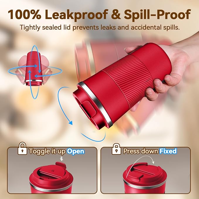 12OZ Travel Coffee Mug Insulated Coffee Cup with Spill Leak Proof Lid, Portable Stainless Steel Tumbler Reusable Hot and Cold Water Mug for Car, Daily, Camping- Red