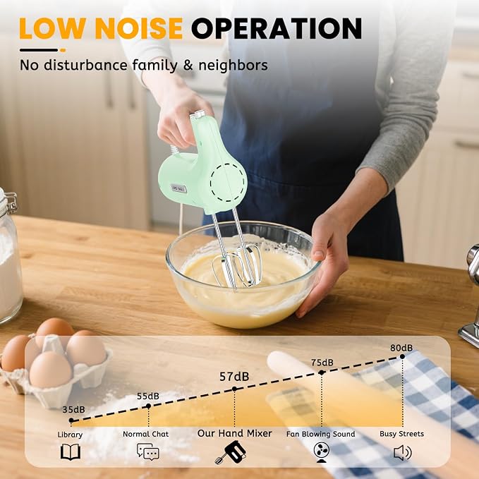 Lord Eagle 5-Speed Small Hand Mixer Electric, 300W Compact Portable, Green | Handheld Kitchen Mixer Egg Beater with 5 Attachments & Storage Bag, Cake Supplies for Bread Dough Baking, Lightweight