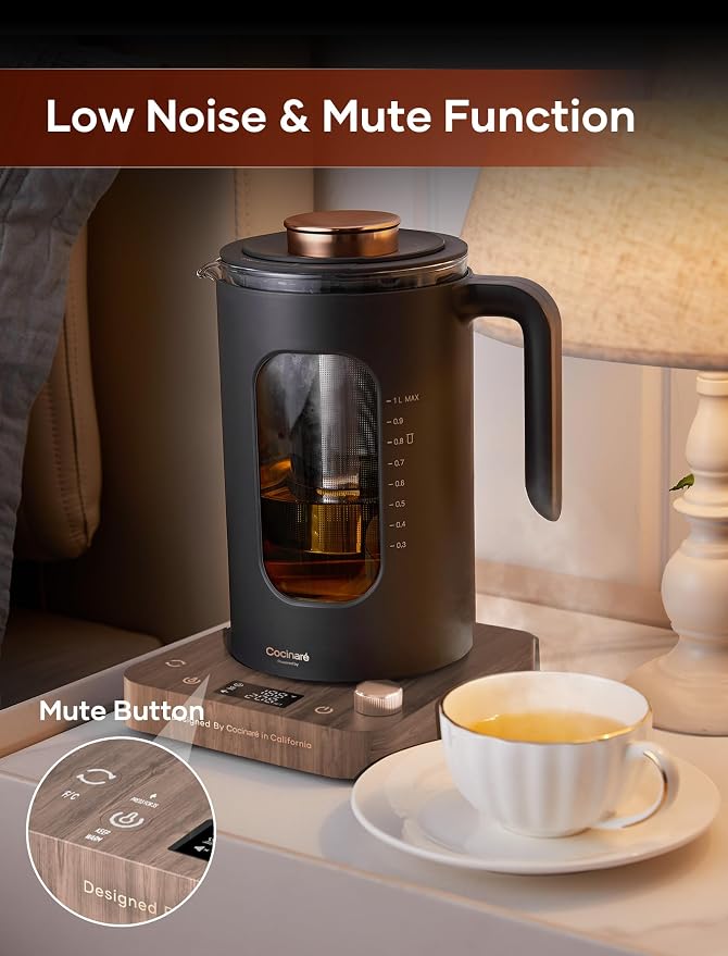 INTASTING Electric Tea Kettle with Infuser, 1℉ Temperature Control, 1 Liter | 1200W Fast Heating, BPA-Free Glass, Easy to Clean, Keep-warm, Auto shut-off, Wood