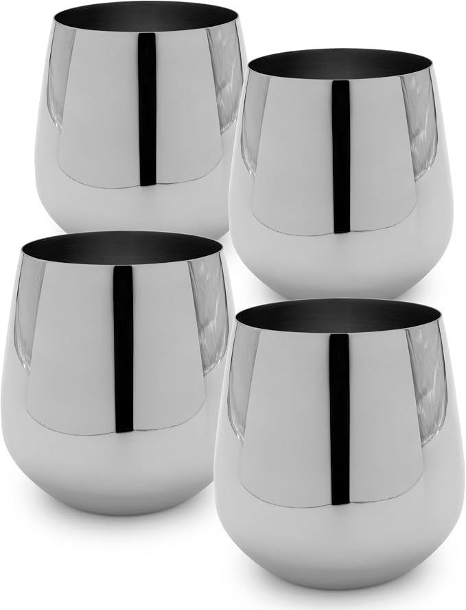 K&K Home Silver Stainless Steel Unbreakable Silver Stemless Wine Glasses - 15 oz - Set of 4 Colored, Stemless Metal Wine Glasses Perfect for Outdoors, Weddings, and Parties