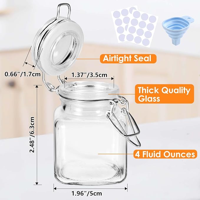 SKOCHE Spice Jars 20 Pack Small 4 oz Glass Jars Spice Jars Herb Jars | Spice Herb Jars with Airtight Hinged Lids, 4oz Glass Jars with Labels and Silicone Funnels Ideal for Spice Herbs