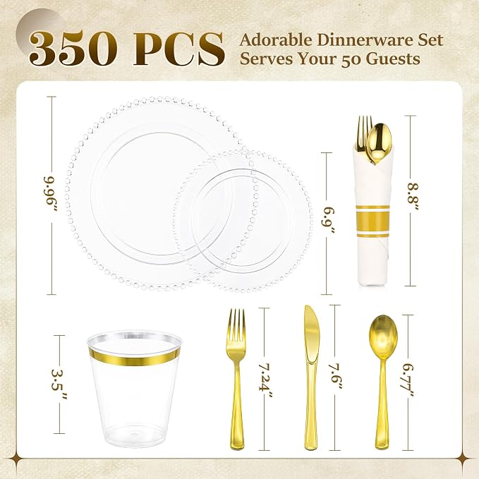 350pcs Plastic Dinnerware Set Clear 50 Guests for Wedding | Fancy Beaded Plastic Plates Include 100 Elegant Plastic Plates,50 Cups and 50 Pre Rolled Napkins with Cutlery Set