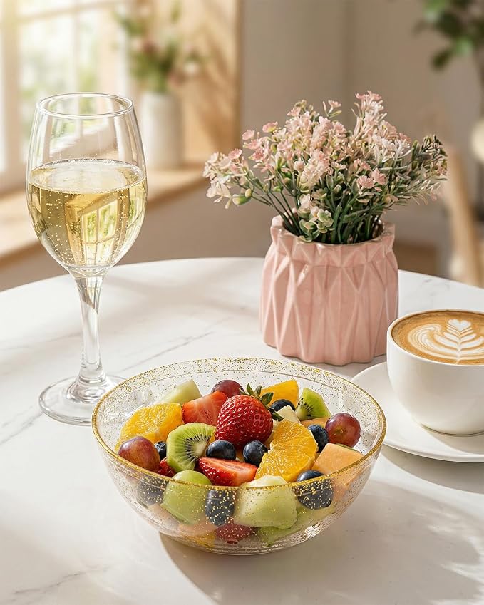 bUCLA 50Pack Gold Glitter Plastic Serving Bowls - 24oz Gold Disposable Dessert/Salad/Soup/Salad/Fruit/Cereal Bowls for Wedding & Party