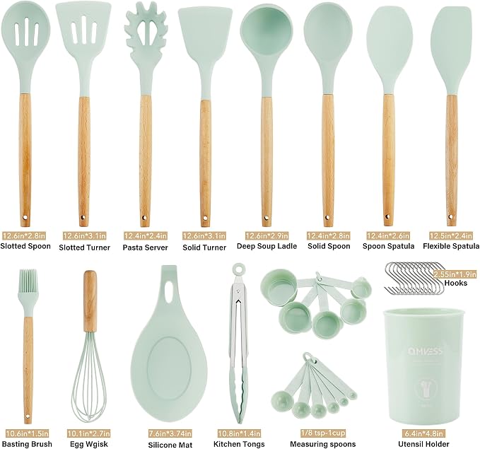 QMVESS Silicone Kitchen Utensils Set, 35 Pcs Non-Stick Cooking Utensils Set, Sturdy Insulation Wooden Handle Kitchen Accessories for Cooking with Spatula Set and Spoons Set Gadgets (Light Green)