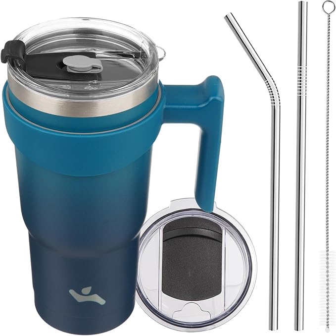 Konokyo 20 oz Tumbler with Handle and Straw, Insulated Travel Mug | Indigo Black; BPA-free, leak-proof tumbler with 2 lids, 2 straws, cup holder fit for coffee, office, travel & daily use