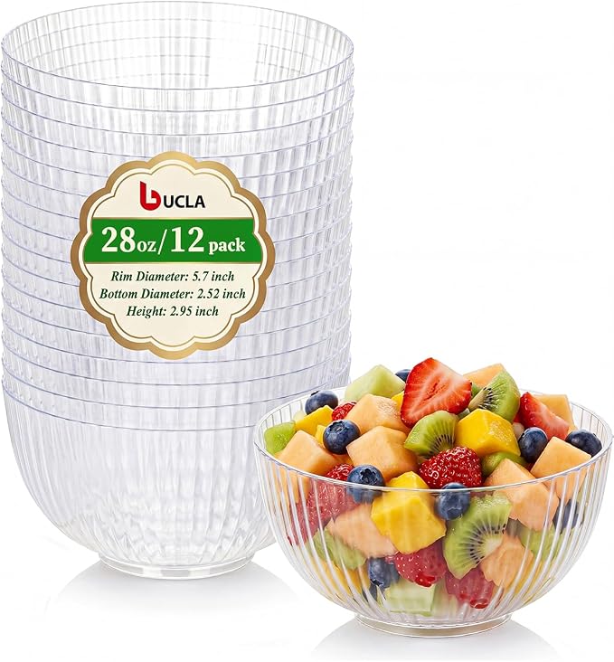 bUCLA 12 PCS Plastic Cereal Bowls Set - 28 Oz Clear Disposable Vertical Stripes Serving Bowls for Snack, Salad, Dessert & Fruit