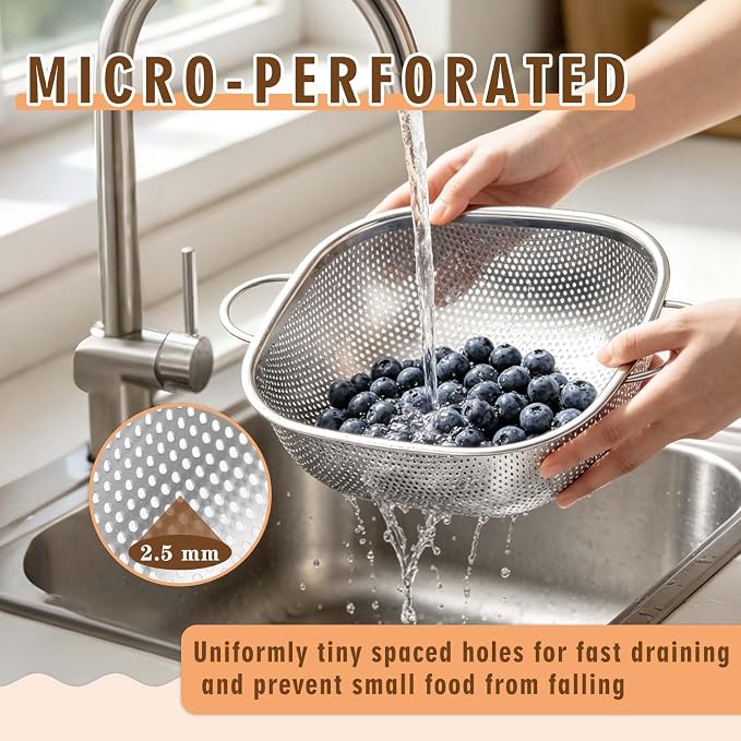 P&P CHEF Stainless Steel Colander Set, Strainers and Colanders for Kitchen | 3 Pcs Square Metal Colander Set, For Washing Draining Rinsing Spaghetti Fruit Food, Dishwasher Safe & Healthy, 2.4 / 4 / 6 Qt