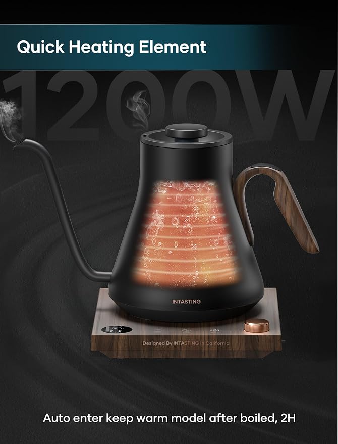 INTASTING Gooseneck Electric Kettle with 1℉ Temperature Control, 0.9 Liter | Fast Heating, Stainless Steel Interior, for Pour Over Coffee, Tea & Boiling Water, Keep Warm, Auto Shut-Off, Onyx Black