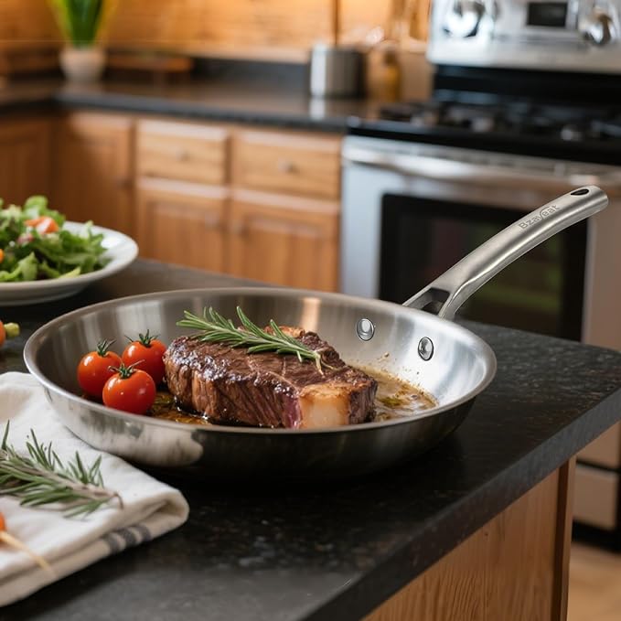 8 Inch Stainless Steel Egg Pan, Tri-Ply Clad Skillet | Induction Compatible Sauté Pan with Even Heat for Searing | Oven & Dishwasher Safe | Professional Restaurant Grade Cookware