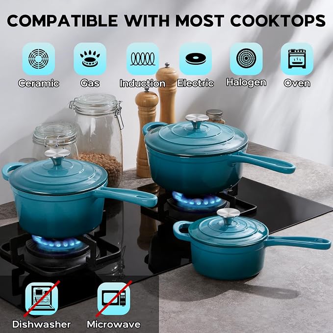 Onader Enameled Cast Iron Sauce Pan, 1QT & 2QT & 3QT Saucepan with Lid, Small Cast Iron Pot for Cooking, Enamel Dutch Oven, Nonstick & Heavy Duty – Dark Cyan