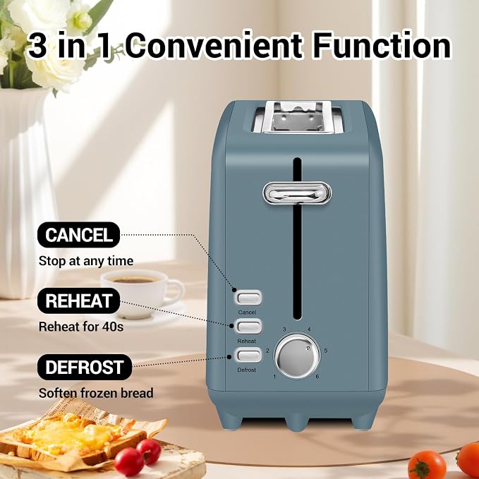 SEEDEEM Stainless Steel Toaster 2 Slice Slim, 10" Single Long Slot, Surf | 6 Shade Settings, Extra Wide Slot Fits Bagels & Artisan Bread, Defrost, Cancel Function, Removable Crumb Tray