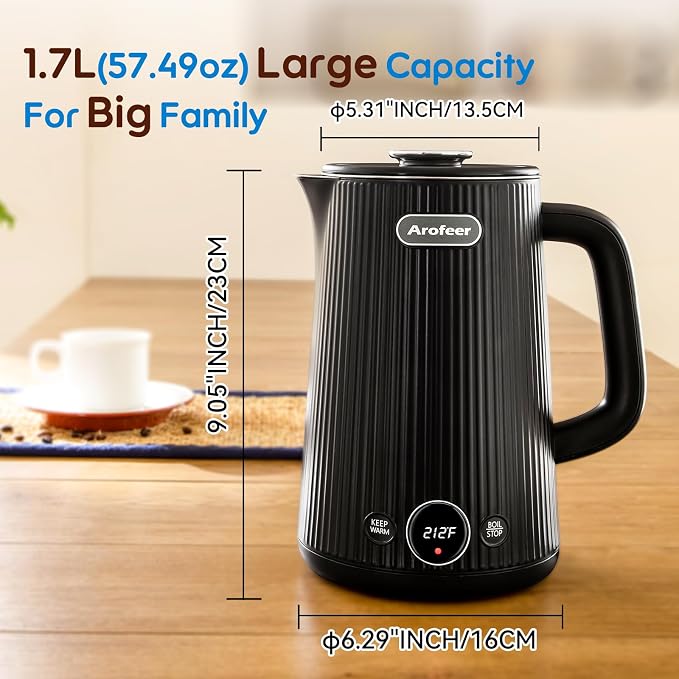 Arofeer® Electric Kettle Temperature Control, 1.7L Stainless Steel Electric Tea Kettle with LED Display, 5 Presets, 4-Hour Keep Warm, Fast Boil Hot Water Kettle for Tea, Coffee & Oatmeal, Black