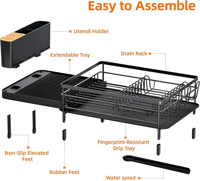 Urackify Extendable Dish Drying Rack, 18.5"-26.7" L x 12.7" W, Black | Multifunctional large dish rack with cup holder and built-in cutlery holder for versatile drying needs