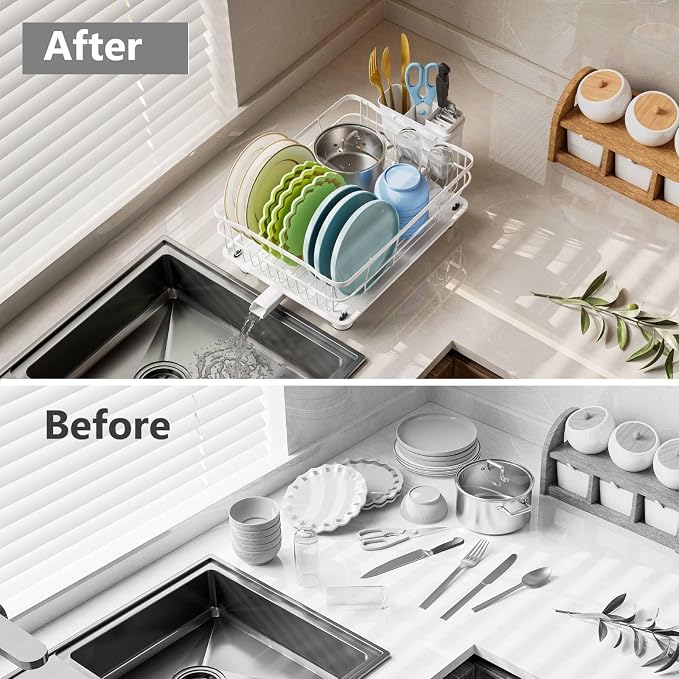 AIDERLY Auto Drain Metal Dish Drying Rack Dish Drainers, All White | with Draining Tray, Strainer, for Kitchen Counter, Sink
