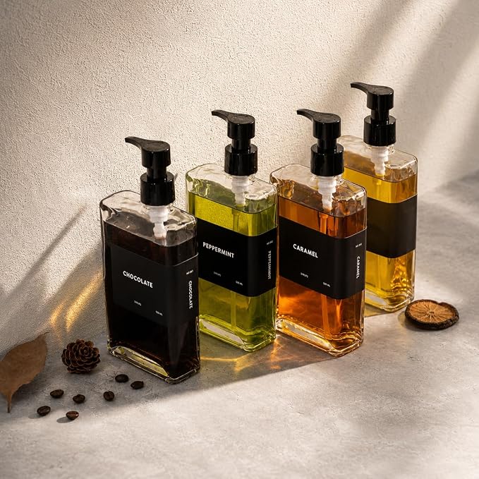 Glass Coffee Syrup Dispensers with Pumps, Syrup Bottles with Label Set - Essential Coffee Bar Accessories, 11.8 oz/350ml, Set of 4