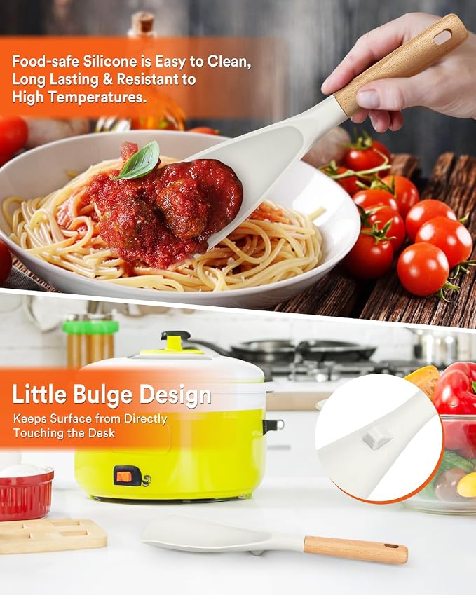 Cooking Spoon and Rice Scooper for Nonstick Cookware,Multi-function | Great for Cooking and Serving, Sturdy BPA-Free Matte Silicone, Wood Handle Spoon for Mixing, Scoop, and Scrape,9.3"+14.3"