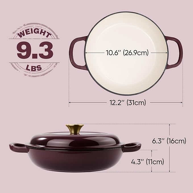 3 Quart Enameled Cast Iron Braiser, Non Stick Enameled Cast Iron Skillet with Lid, Dutch Oven Skillet with lid up to 500°F for Oven, Stove, Grill, Shallow Dutch Oven for Cook, Bake (Fig)