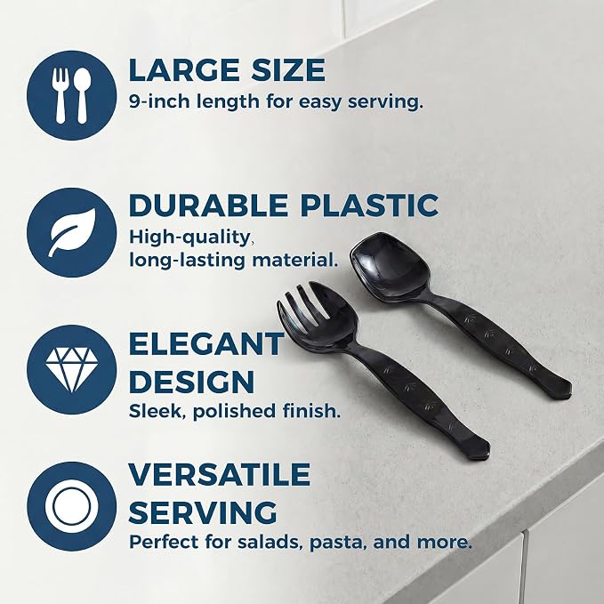 36 Pcs Disposable Plastic Serving Utensils Set, 9 Inch Black | Tongs, Forks & Spoons For Buffet, Catering, Restaurants, BBQs, Picnics, Weddings And Party Food Stations