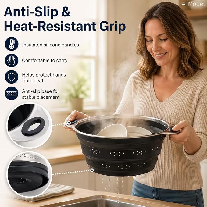 Mejoncb Collapsible Colander – Platinum Silicone Strainer with Stainless Steel Base, BPA-Free & Heat Resistant Kitchen Drain Basket (Black)