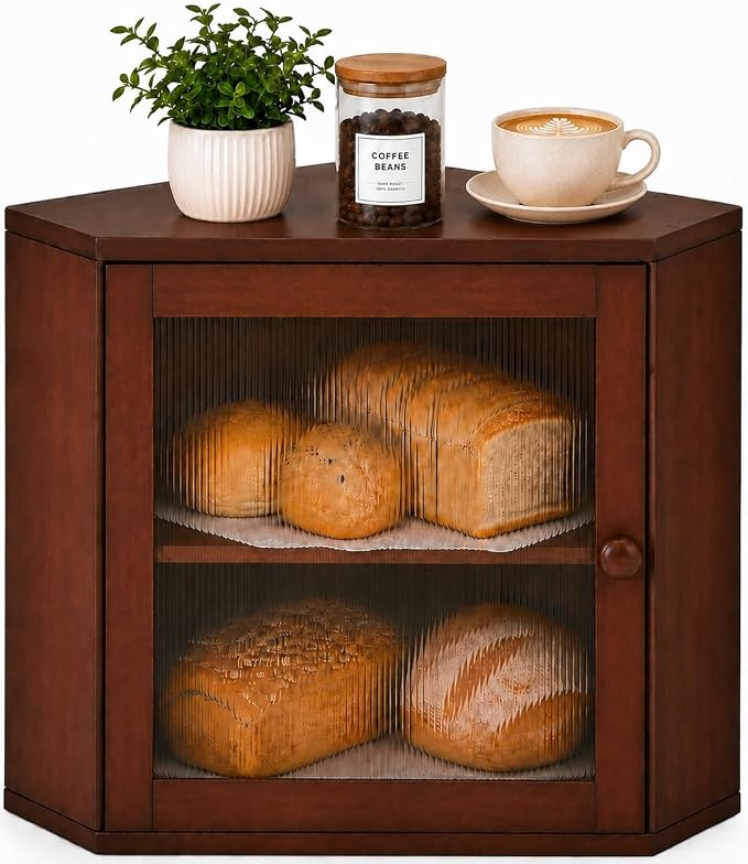 BAMBANG Corner Bread Box for Kitchen Countertop, Large Capacity Bamboo Wood Bread Storage Container, 2 Tier Farmhouse Breadbox with Fluted Acrylic Door for Bread, Homemade Bread and Snacks, Brown