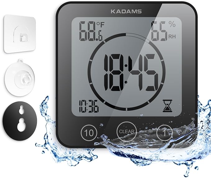 KADAMS Shower Clock Waterproof Bathroom Timer – Digital Wall Clock with Countdown, Magnetic Kitchen Clock with Temperature & Humidity, Suction Cup for Kids Shower Spa Cook Bath (Black)