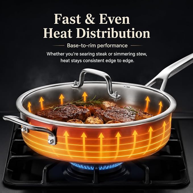 Yeksum Tri-Ply Stainless Steel Saute Pan 7 Quarts, 12 Inch Deep Frying Pan with Lids, 3-layer Large Frying Pan Skillet with Stay Cool Handle, Saute Pan with Lid, Induction Pan, Works on All Cooktops