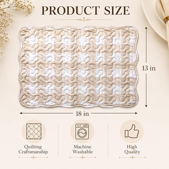 Quilted Placemats Set of 6, 18" x 13" Large Scalloped Cotton Placemat Washable Cloth Flowers Table Mats for Summer Party Kitchen Dining Farmhouse Cottagecore Decor(Gingham Milkshake Tan)