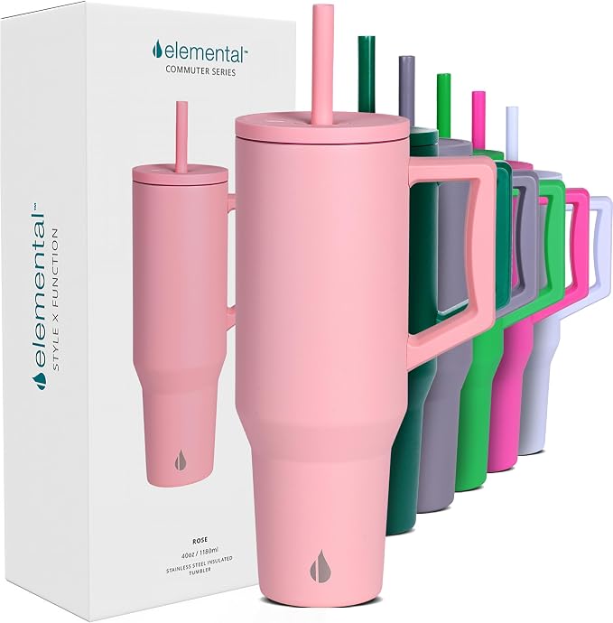 Elemental Spill Proof 40oz Insulated Tumbler with Handle & Straw Travel Mug | Stainless Steel Commuter Travel Coffee Mug for Cold Beverages, Includes 2 Straws & a Spill Proof Lid for Everyday Use