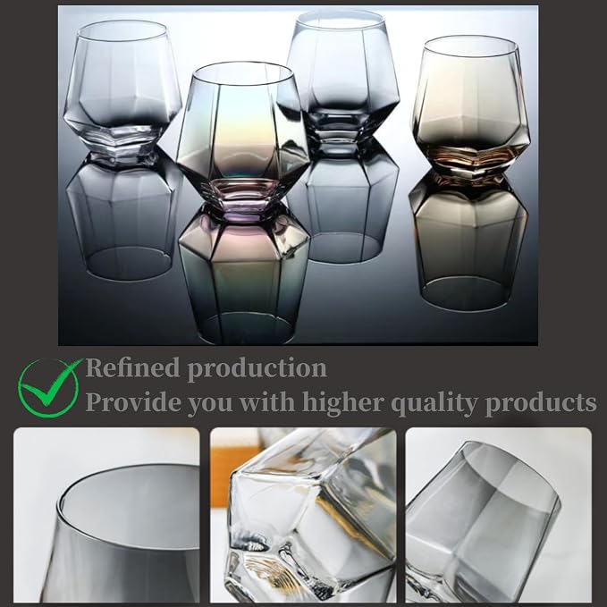 Wine Glasses Set Of 4,Stemless Diamond Wine Glass Shape 10 Oz Gray Christmas Glassware Dishwasher Safe, Spill-Proof Design For Red Wine, Cocktail, Whiskey, Bourbon for Wine Lovers (Gray)