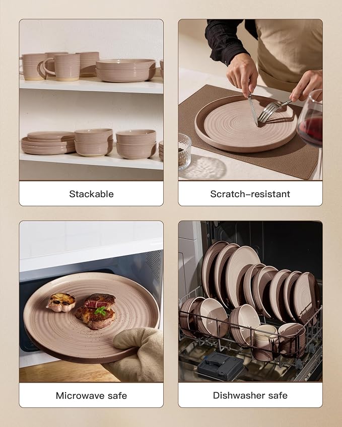 Stoneware Dinnerware Sets for 8, Plates and Bowls, Brown | 24-Piece Ceramic Speckled Spiral Dishes, Chip & Scratch Resistant, Microwave & Dishwasher Safe, Everyday Use, Farmhouse Style