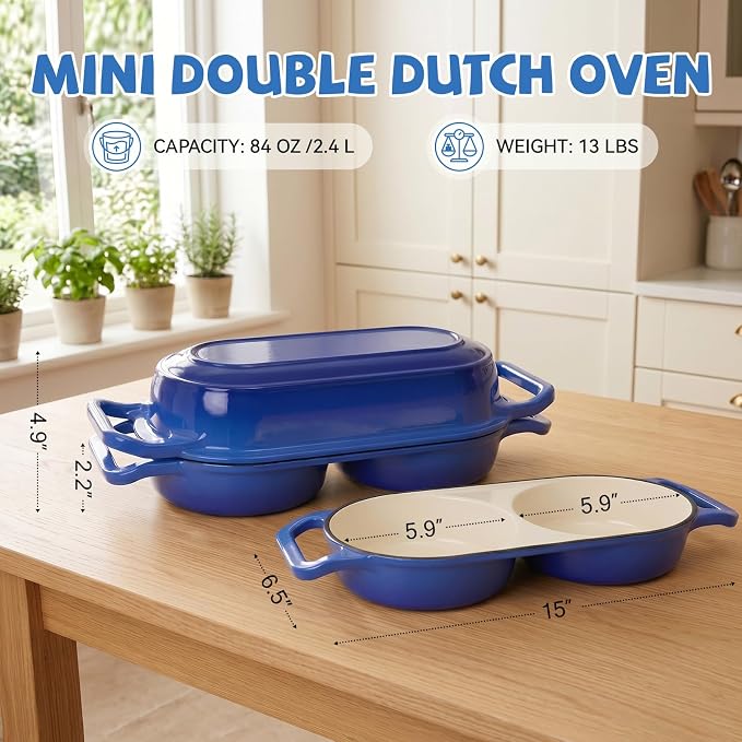 Double Dutch Oven Pot with Lid, 2.2QT Enameled Cast Iron Bread Loaf Pan, Mini Dutch Oven For Sourdough Bread Baking, 500°F Oven Safe Non Stick Dual Round Bread Pan, Bread Oven, 16.5cm Diameter, Blue