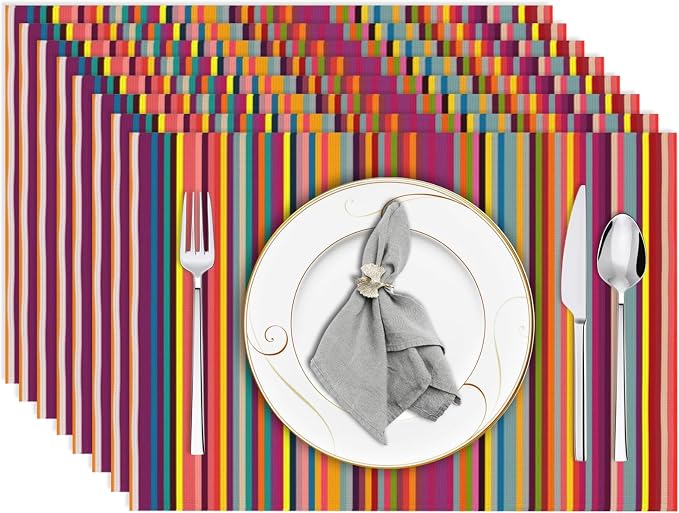 Bright Colorful Striped Placemats Set of 8, 12x18 Inch Rainbow Colored Geometric Pattern Table Mats for Holiday Party Kitchen Dining Room Decoration