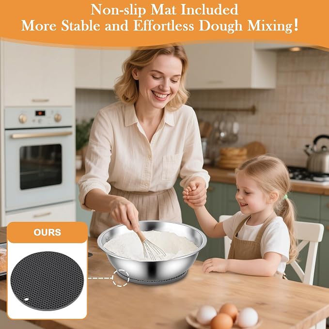 Stainless Steel Mixing Bowls,6PCS Large Mixing Bowl with Non-Slip Mat for Baking & Meal Preppers,13 Inch 8QT Metal Mixing Bowls for Home and Commercial