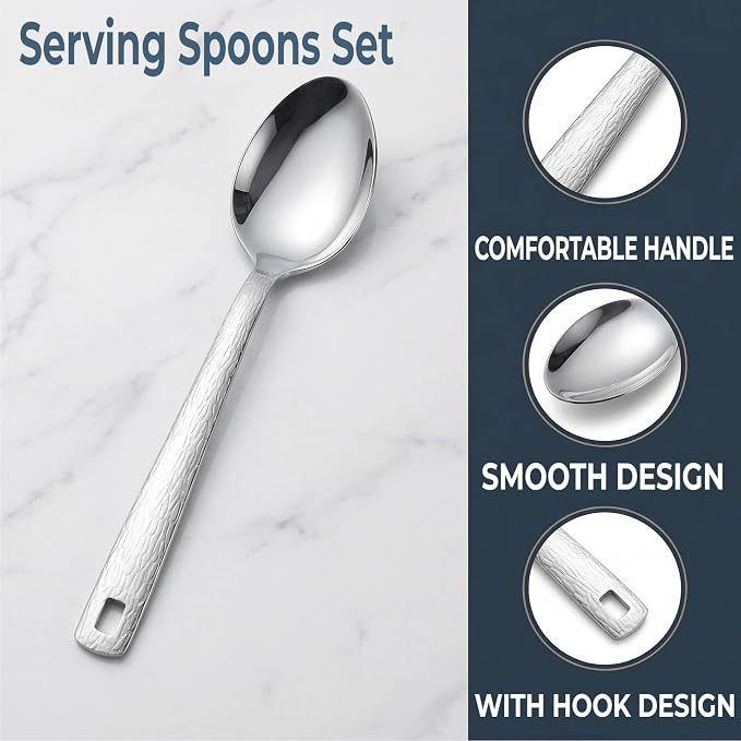 4 Pack Stainless Steel Serving Spoons, 12 Inch Large Buffet Serving Utensils, Heavy Duty 18/8 Metal Spoons with Textured Handle, Dishwasher Safe for Catering, Party, Kitchen