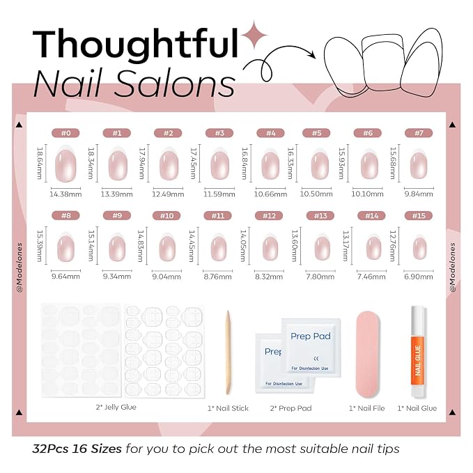modelones Cat Eye French Tip Press On Nails, Short Oval Fake Nails | Nails Press Ons with Nail Glue, Adhesive Tabs, Nail File, Prep Pad, Manicure Stick, 32Pcs 16 Sizes, Women Girl Gift