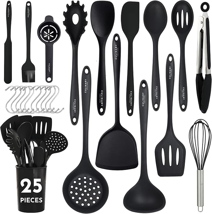 25 PCs Silicone Cooking Utensils Set - Non-Stick Silicone Kitchen Utensils | Black Non-Stick, Heat-Resistant Silicone Kitchen Utensils Set with Stainless Steel Inner Core