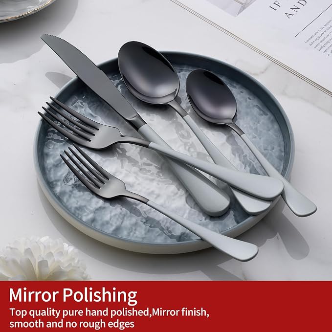 20-Piece Black Silverware Set 18/0 Stainless Steel Flatware Gray Handle Cutlery Set Service for 4 Dinner Knives Forks Spoons Set Mirror Finish Dishwasher Safe