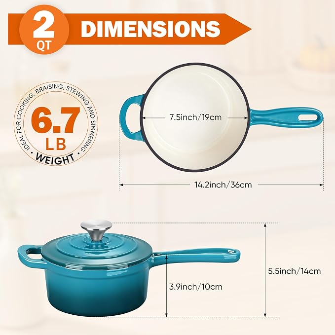 Homikit Cast Iron Sauce Pan, 2 Quart Enameled Cast Iron Saucepan with Lid for All Cooktops, Small Pot Dutch Oven for Kitchen Cooking, Boiling, Nonstick & Heavy Duty, Teal Ombre