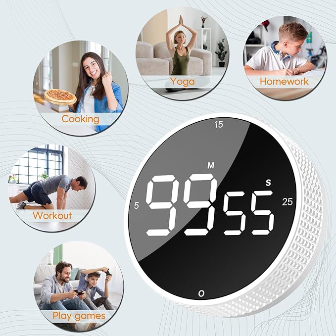 Digital Kitchen Timer - Magnetic Countdown Count Up Clock with Large LED Display, 5/15/25 Min Presets, 3 Volume Levels, Rotary Dial for Cooking, Productivity, Classroom, Fitness (2, White)
