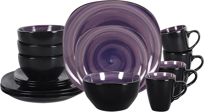 HomeVss 16-Piece Square Dinnerware Set - Serves 4, Inside Spinwash Swirl Purple + Outside Black Plates & Bowls Set | Microwave & Dishwasher Safe